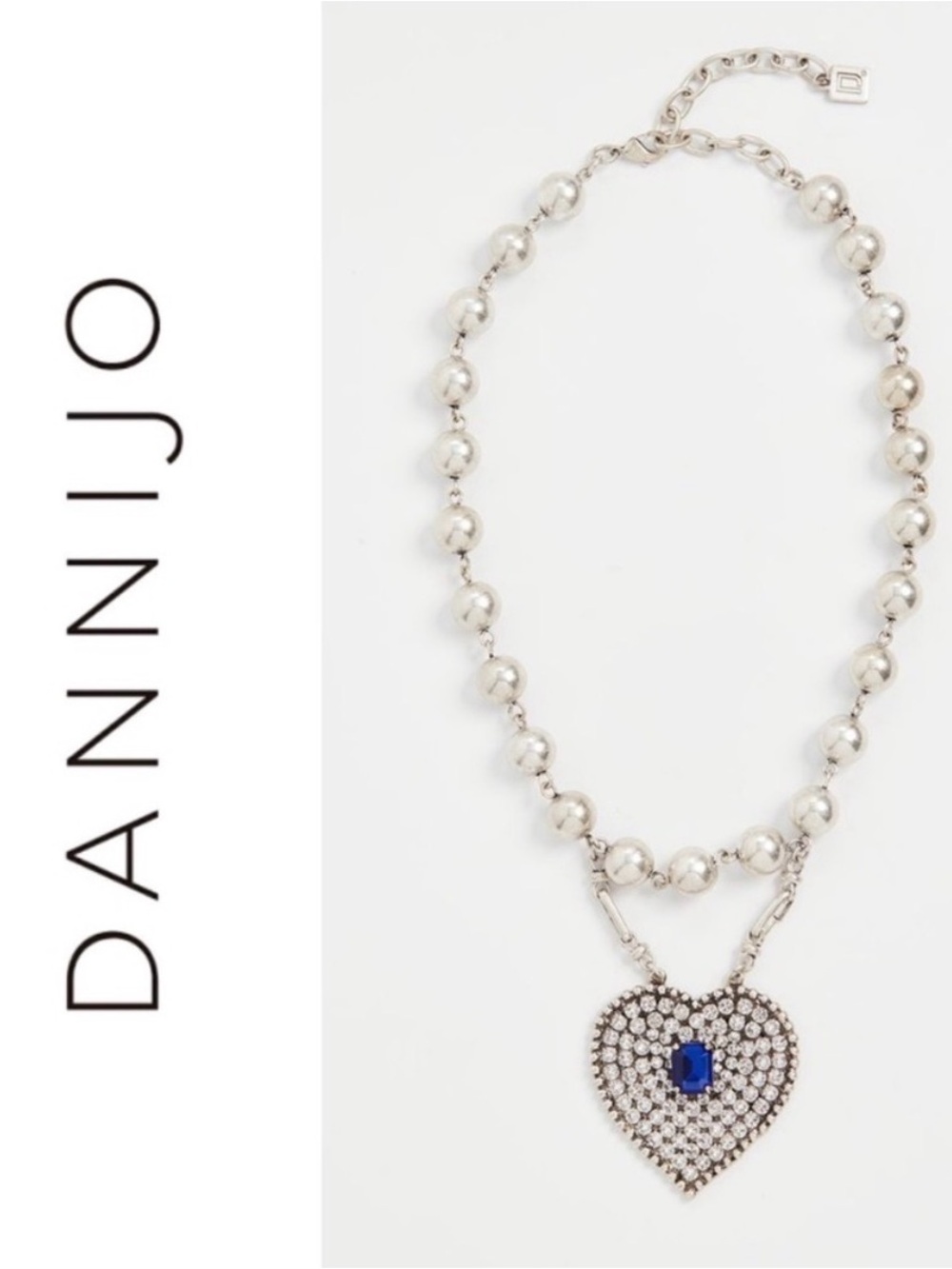 DANNIJO Silver Beaded Necklace with Blue Heart Crystal